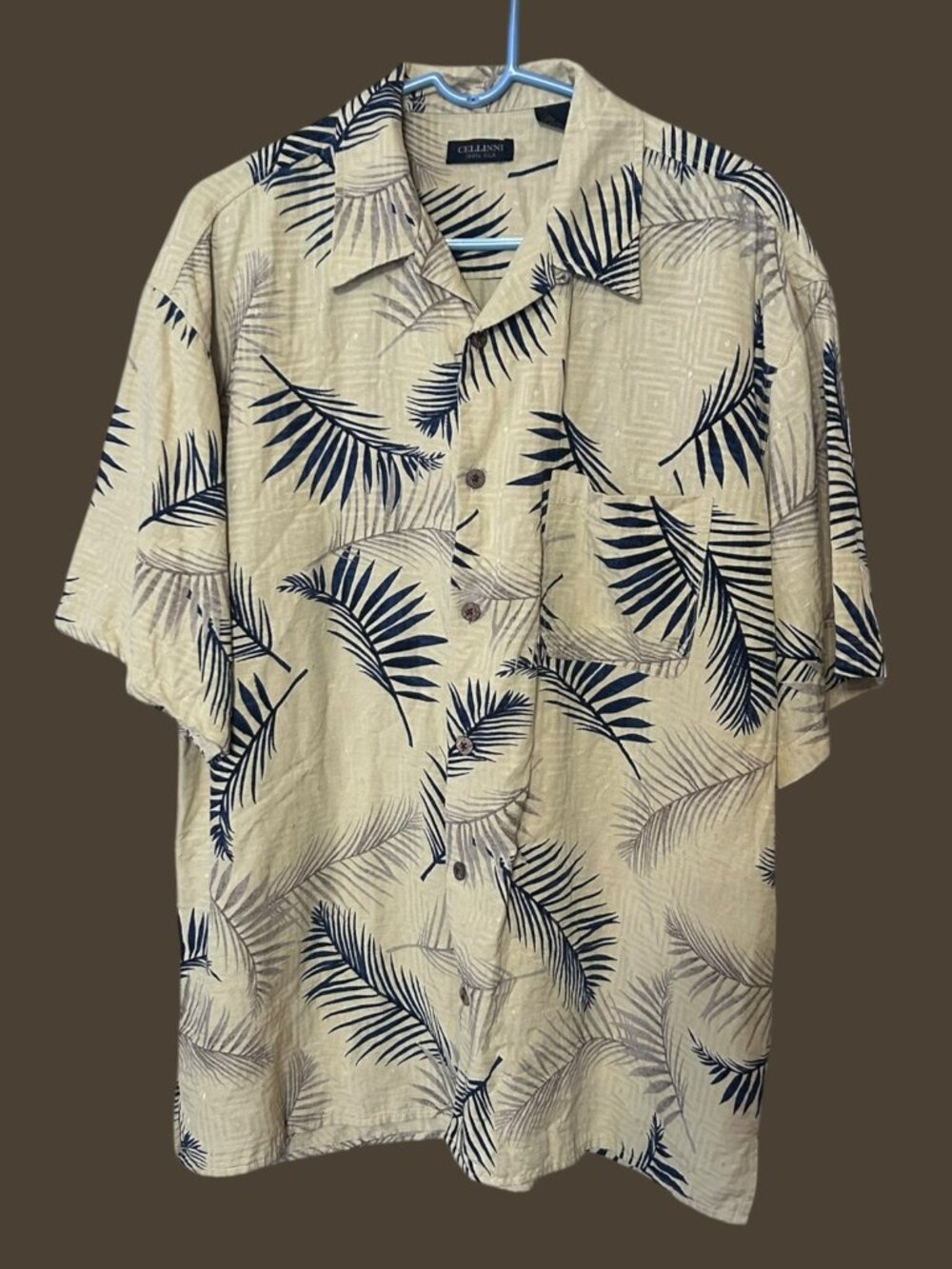 Cellinni 100% Silk Hawaiian Shirt Tropical Palm Leaf Camp Collar Button Up Men's